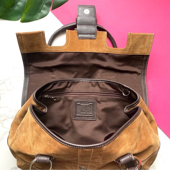 Coach Camel Suede Buckle Flap Top Satchel Purse - Picture 5 of 11